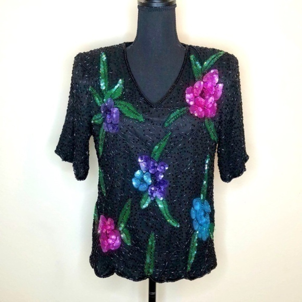 Stenay Silk Sequin Vintage Blouse Black - Size Medium